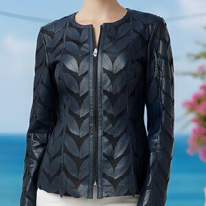 Leather Jacket Women's Outfit Tops Blouses Shirt Sheer Handmade Leaf